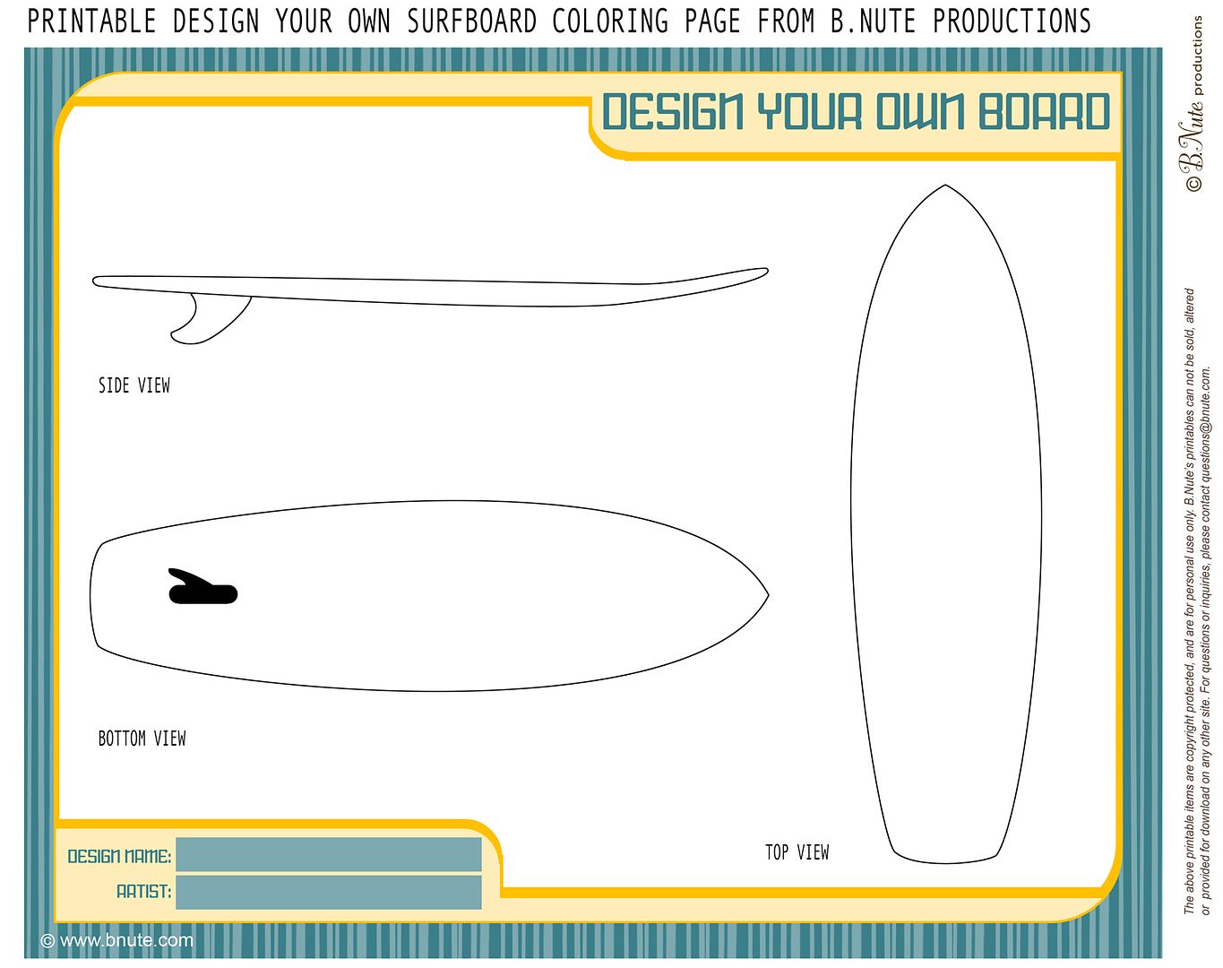 Free printable summer coloring pages: Design Your Own Surfboard coloring page | bnute productions
