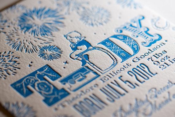 Fireworks at Night custom letterpress birth announcement for July Babies