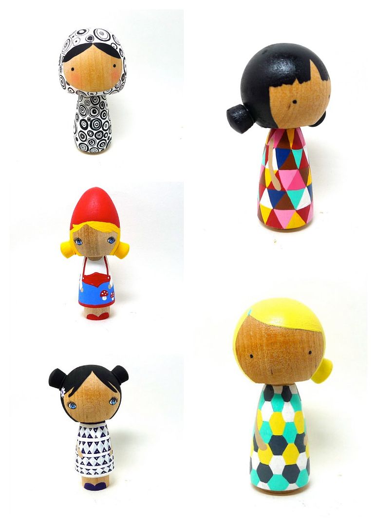 Handpainted Kokeshi peg dolls by Abby Jacobs
