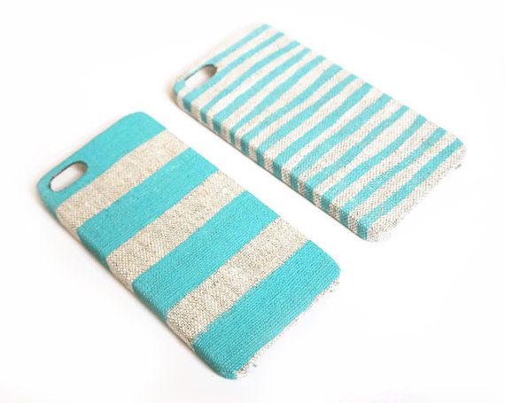 Handmade turquoise striped linen iPhone case on Etsy