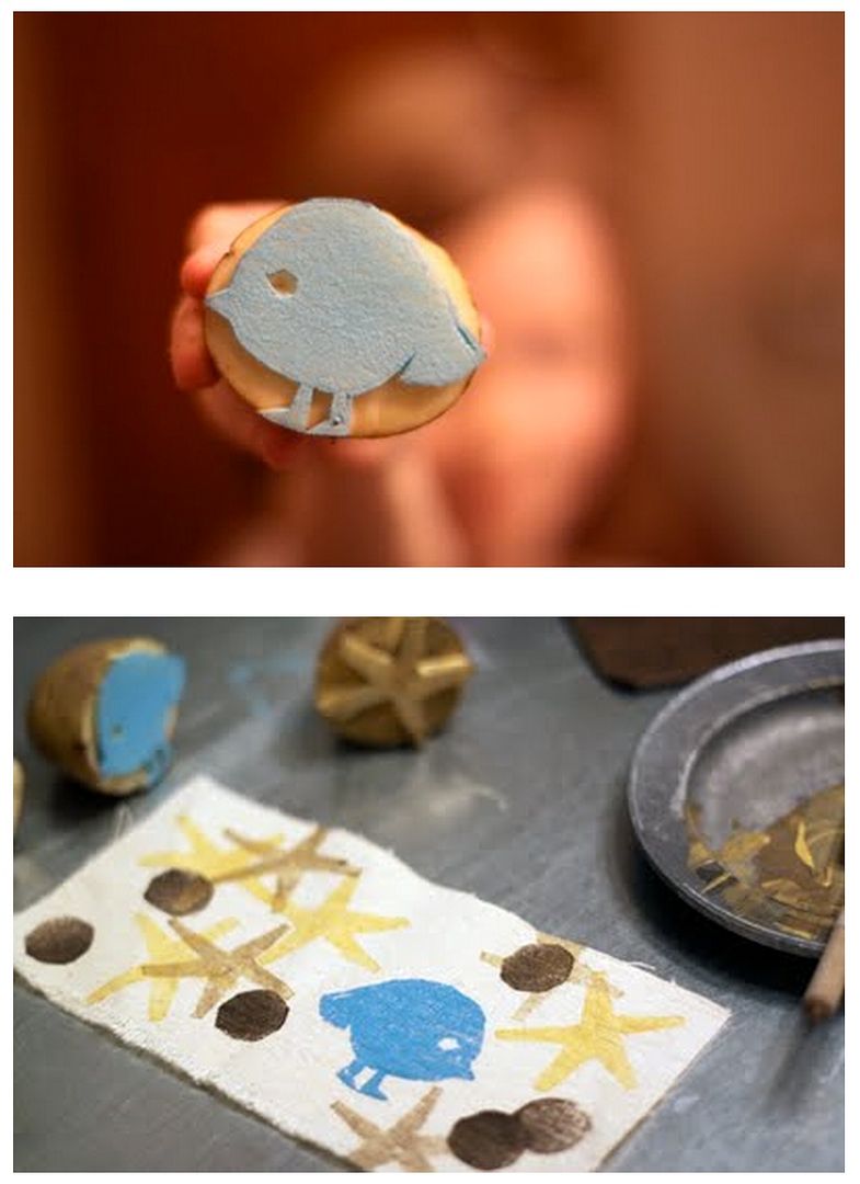 Sustainable holiday ideas to save money: Potato stamp gift wrap at Design Mom