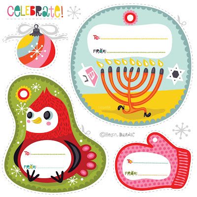 Free printable winter holiday and Hanukkah gift tags by Helen Dardik