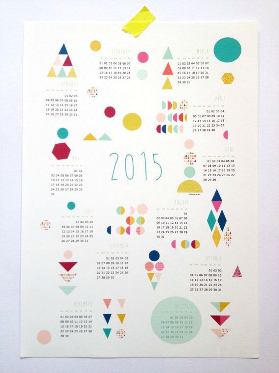 Printable single-page 2015 geometric calendar from the Mademoiselle Eyo Etsy shop