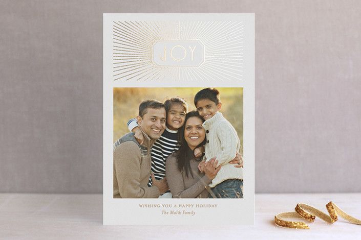Joy rose gold foil-pressed holiday card at Minted