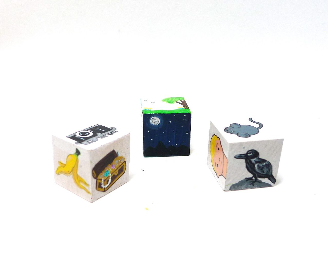 Hand painted story dice by Abby Jacobs