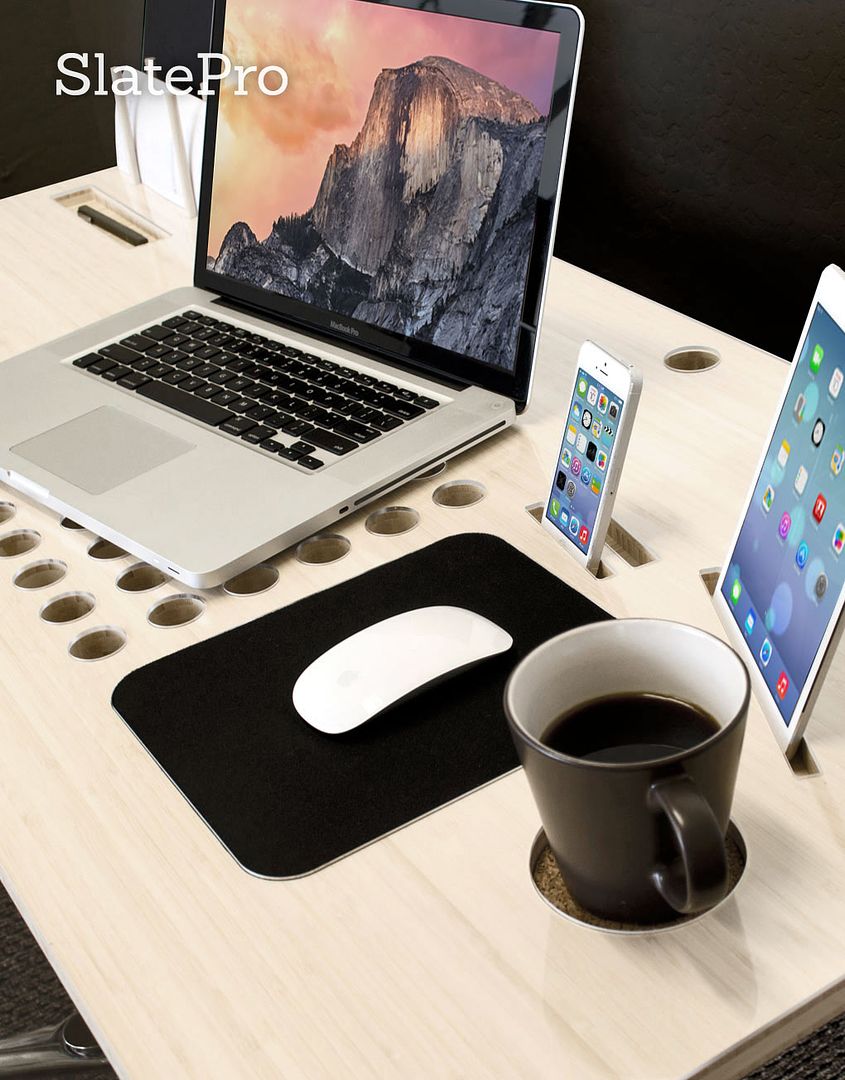 iSkelter SlatePro desk with built in wells and accessories for all your devices