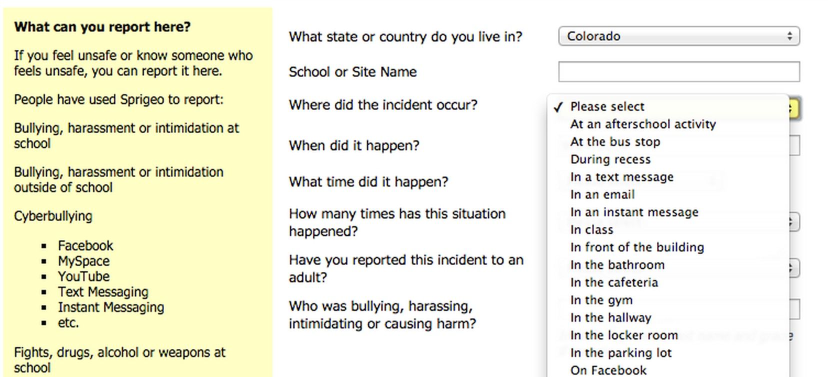Sprigeo online bully reporting system for schools