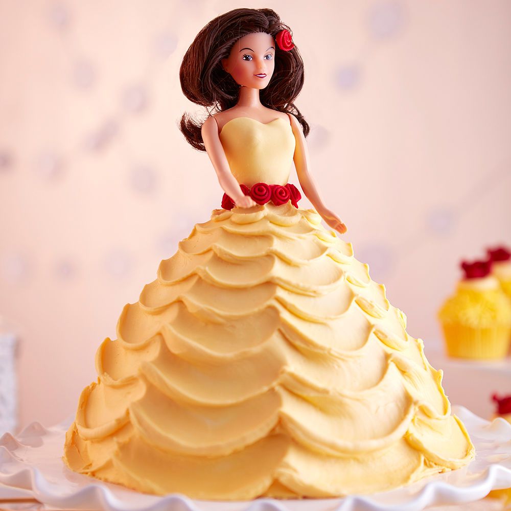 Beauty and the Beast party ideas: Belle doll dress cake with pan + recipe from Wilton