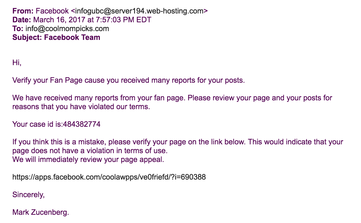 Facebook fake phishing email. From 