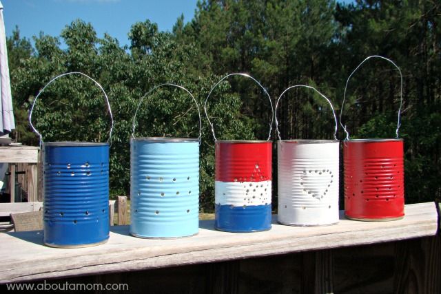 Creative July 4 crafts for older kids: how to make tin can luminaries for votive candles at About A Mom