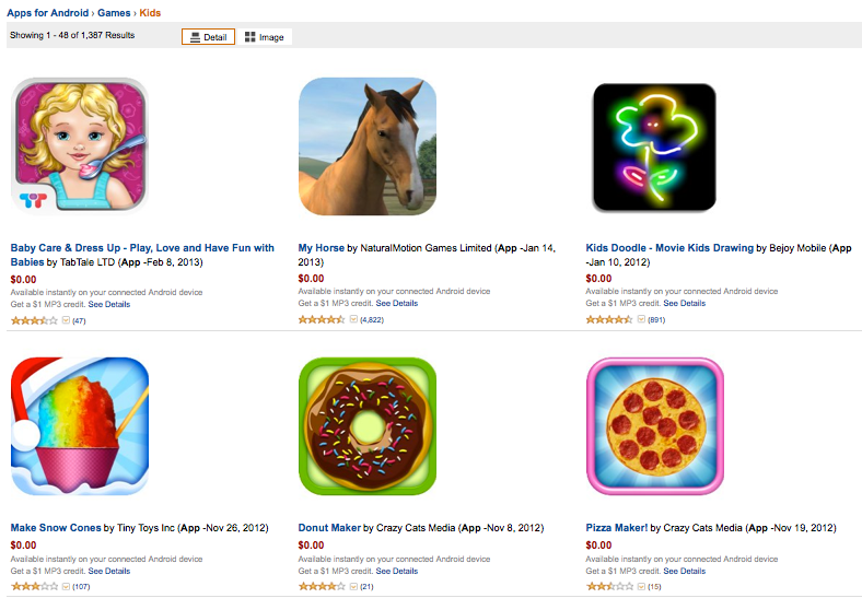 Kids' apps category at the Amazon app store