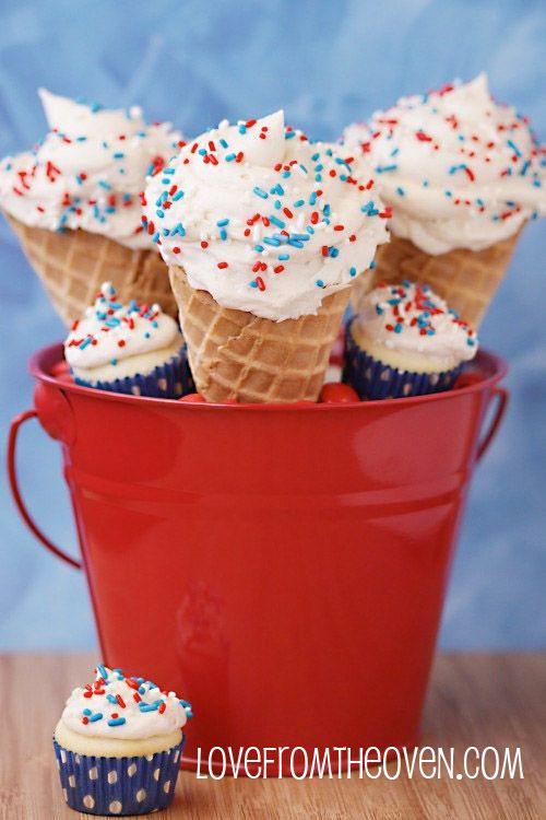4th of July Ice Cream Cone Cupcake Treats - use store bought mini cupckaes to avoid cooking | Love from the Oven