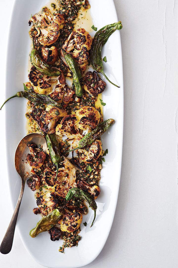 Charred cauliflower and shisito peppers with picada sauce recipe | Saveur