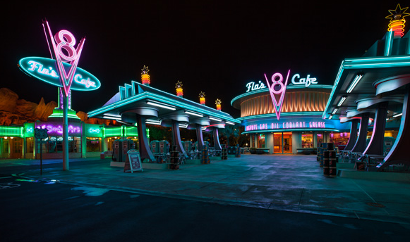 Cars Land at night - Flo's V8 Cafe