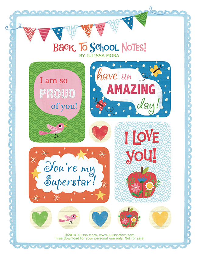 Free printable lunchbox notes from illustrator Julissa Mora