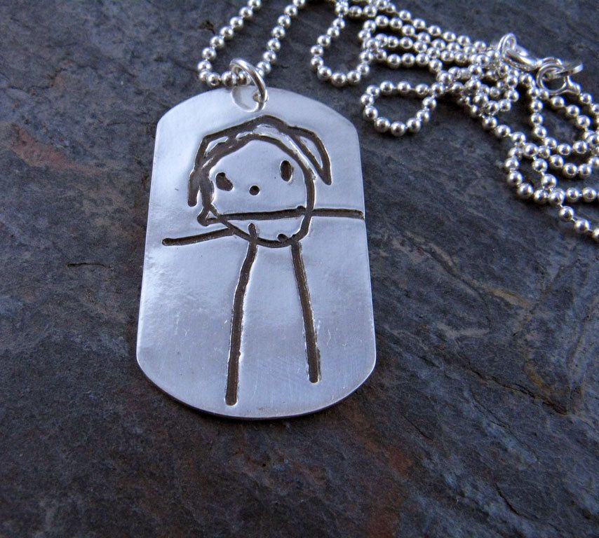 Your child's artwork beautifully printed on a dog tag, key ring or more from Metalmorphosis