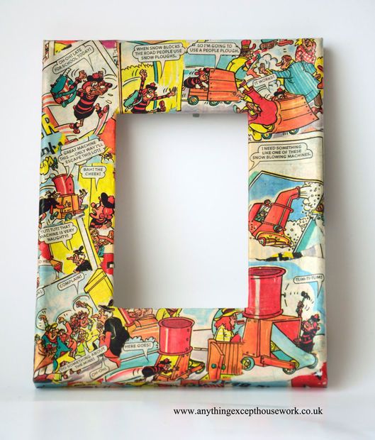 DIY decoupage comic frame for dad - so cool! Full tutorial via Anything Except Housework