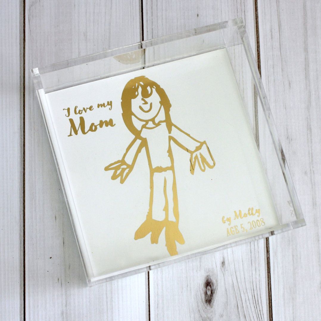 Personalized gifts for mom: Lucite trinket or magazine tray from a child's artwork at Simply Silhouettes