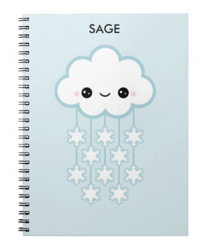 Holiday gifts for kids under $15: Personalized kawaii snow cloud notebook from Sugarhai