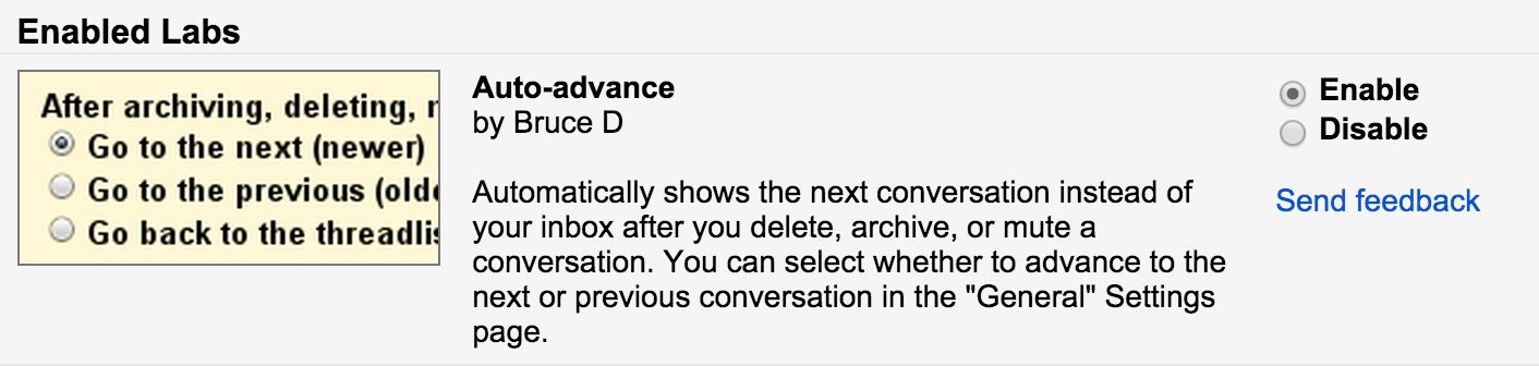 Gmail Auto-advance lets you automatically delete and move to the next message