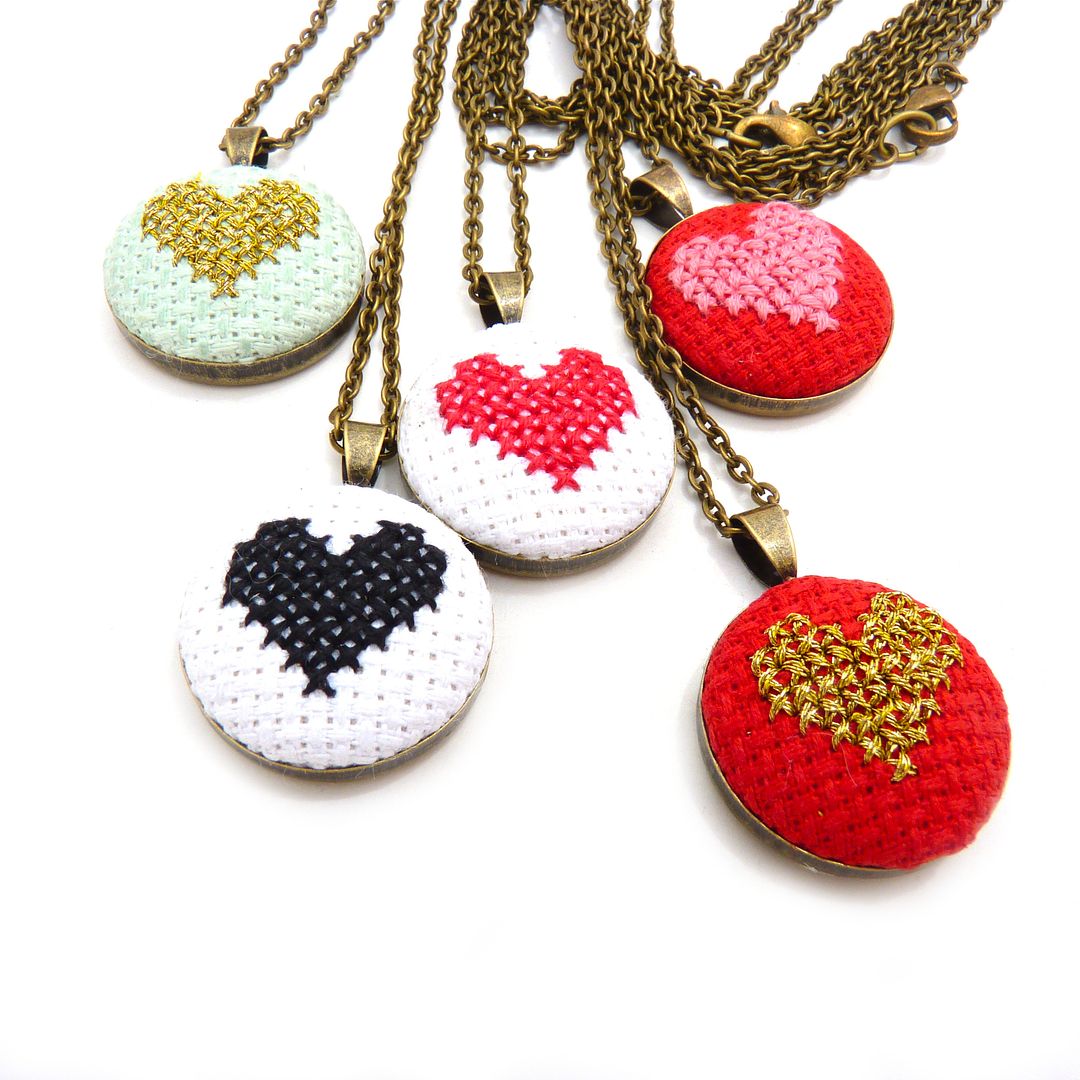 Hand embroidered heart necklaces for Mother's Day