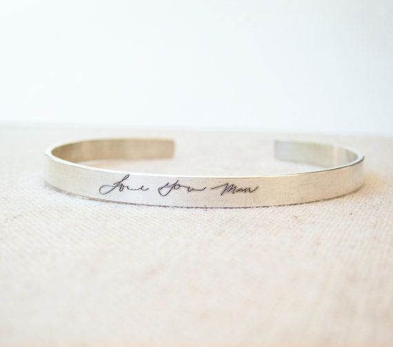 Keepsake jewelry for mom: Custom silver bracelet engraved with your own handwriting
