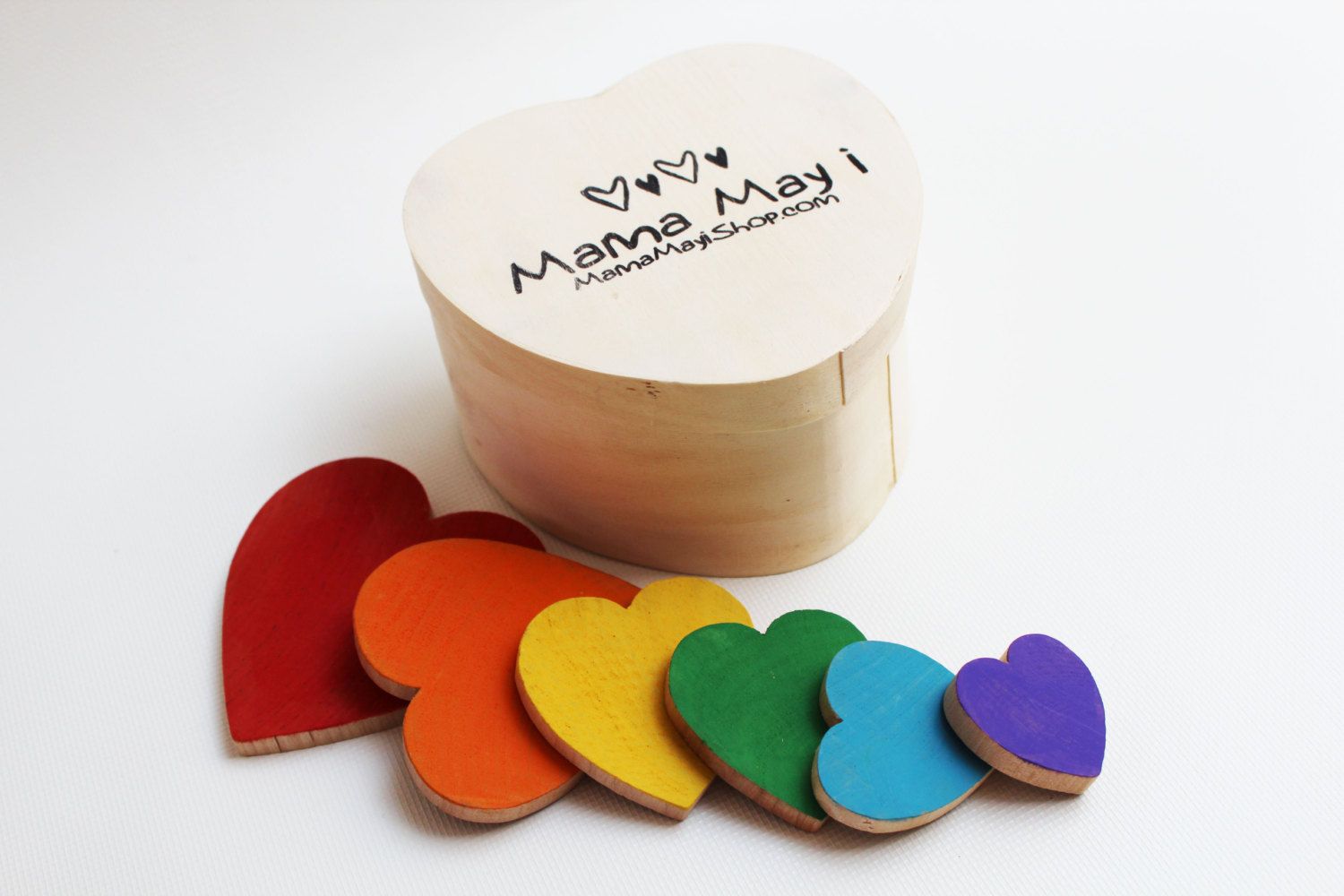 Handmade rainbow wooden heart Waldorf sizing game | Cool Valentine's Day gift ideas for kids